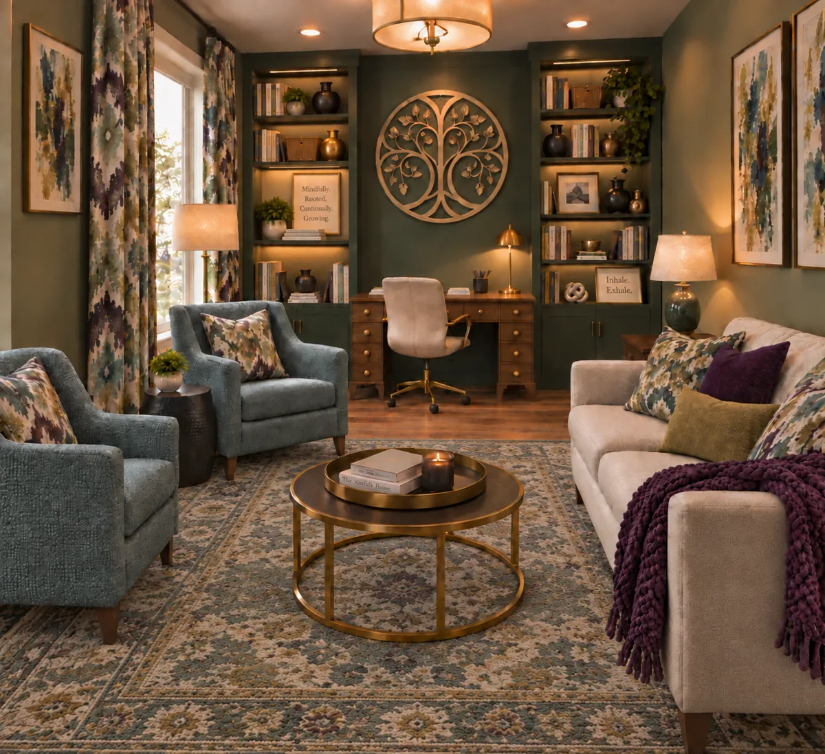 A warm therapy office with cream armchairs, a sofa, bookshelves, and a gold tree emblem on the wall